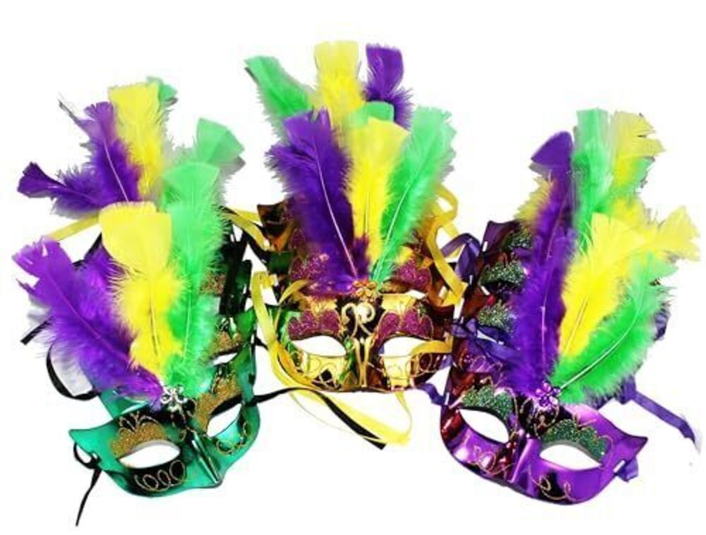 5629 12 Pcs Mardi Gras Feather Masks, Carnival Masquerade Masks Bulk, Mardi
